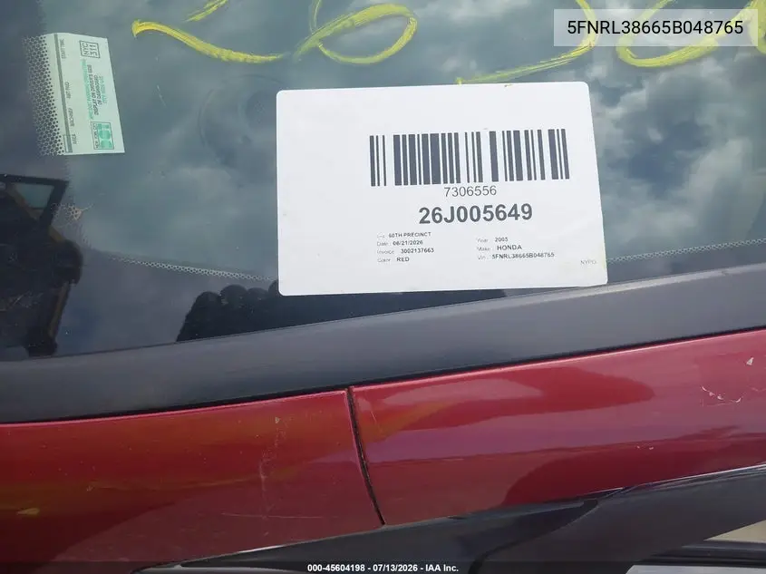 2005 Honda Odyssey Ex-L VIN: 5FNRL38665B048765 Lot: 45604198