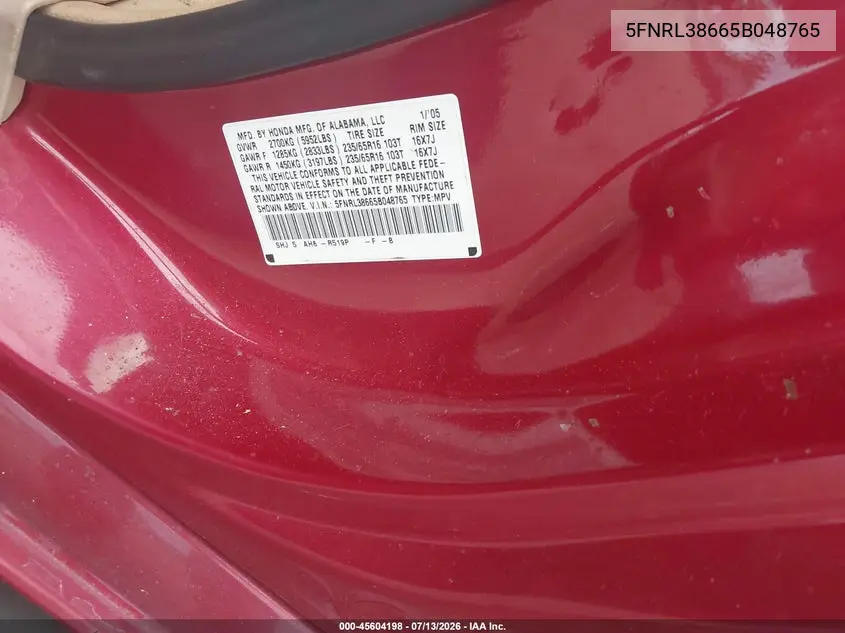 2005 Honda Odyssey Ex-L VIN: 5FNRL38665B048765 Lot: 45604198