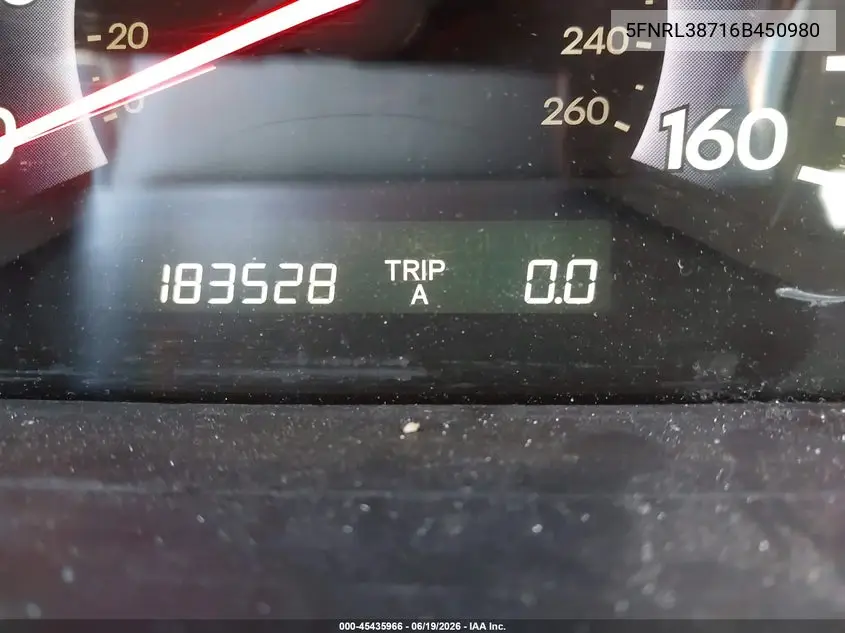 2006 Honda Odyssey Ex-L VIN: 5FNRL38716B450980 Lot: 45435966