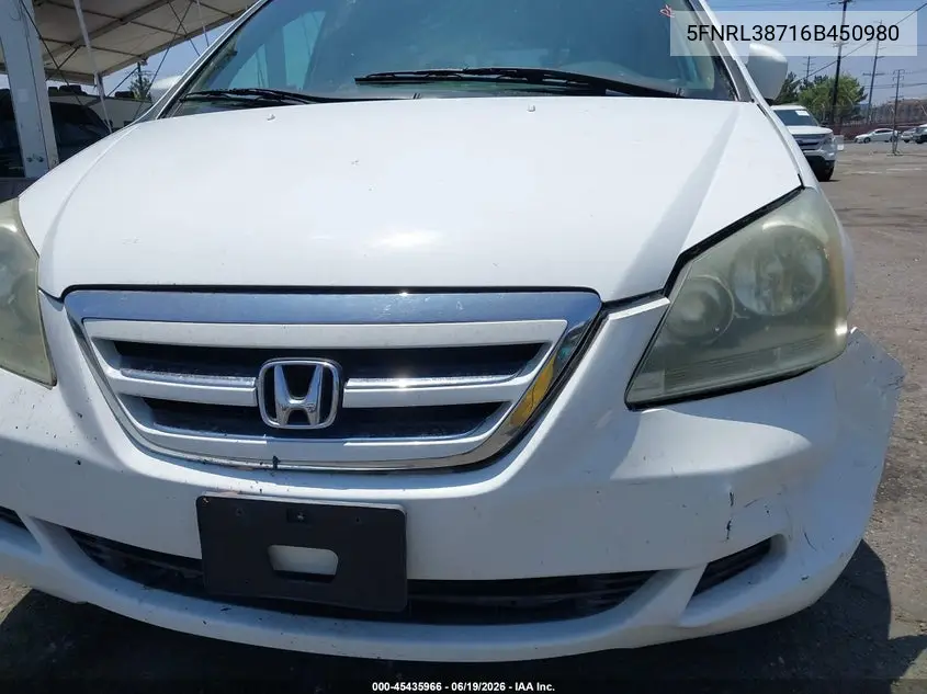 2006 Honda Odyssey Ex-L VIN: 5FNRL38716B450980 Lot: 45435966