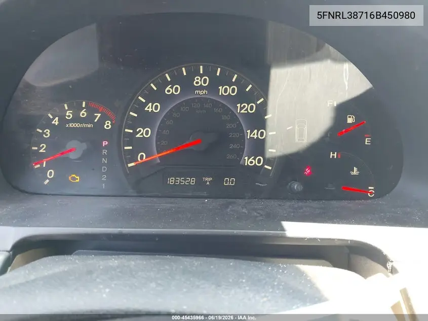 2006 Honda Odyssey Ex-L VIN: 5FNRL38716B450980 Lot: 45435966