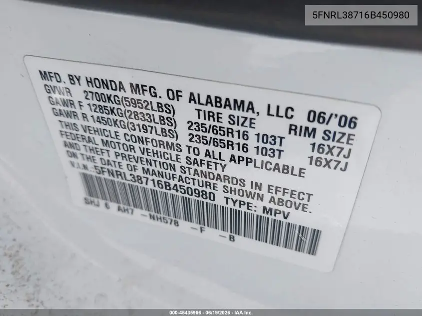 2006 Honda Odyssey Ex-L VIN: 5FNRL38716B450980 Lot: 45435966