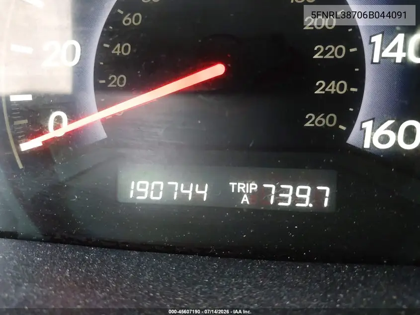 2006 Honda Odyssey Ex-L VIN: 5FNRL38706B044091 Lot: 45607190