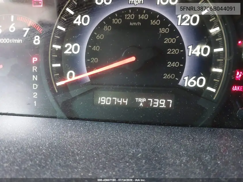 2006 Honda Odyssey Ex-L VIN: 5FNRL38706B044091 Lot: 45607190