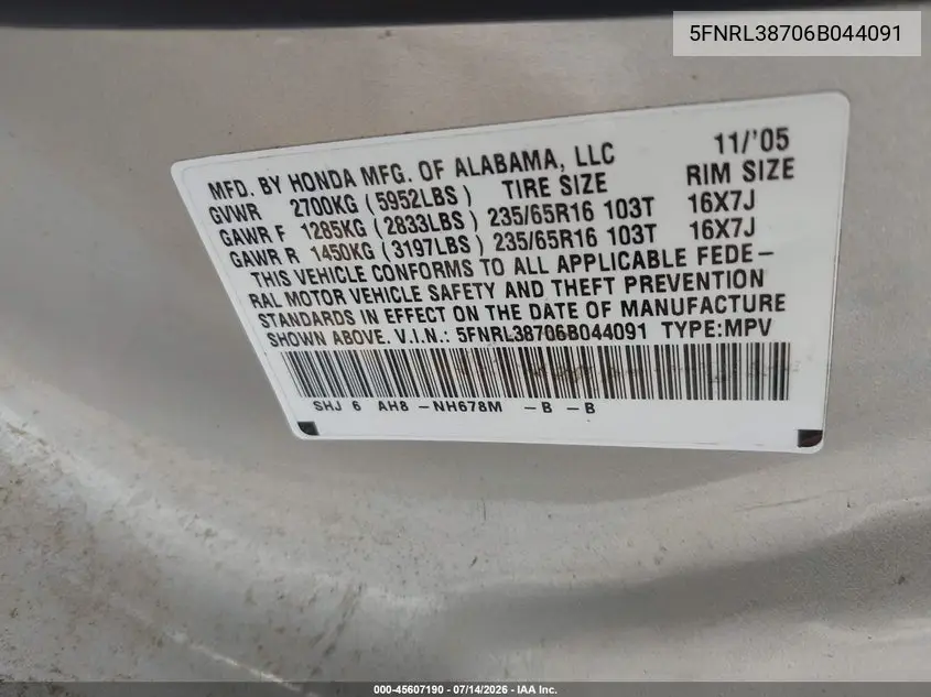 2006 Honda Odyssey Ex-L VIN: 5FNRL38706B044091 Lot: 45607190