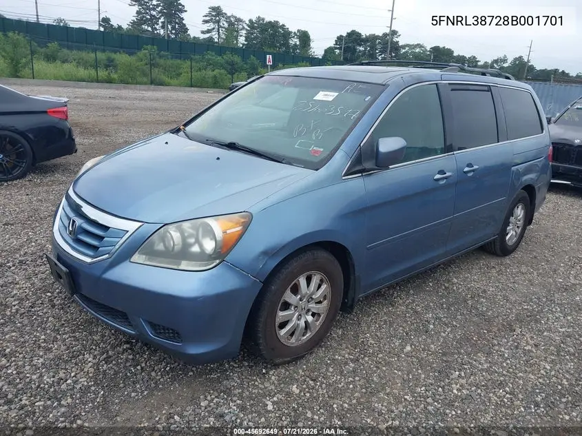 2008 Honda Odyssey Ex-L VIN: 5FNRL38728B001701 Lot: 45692649