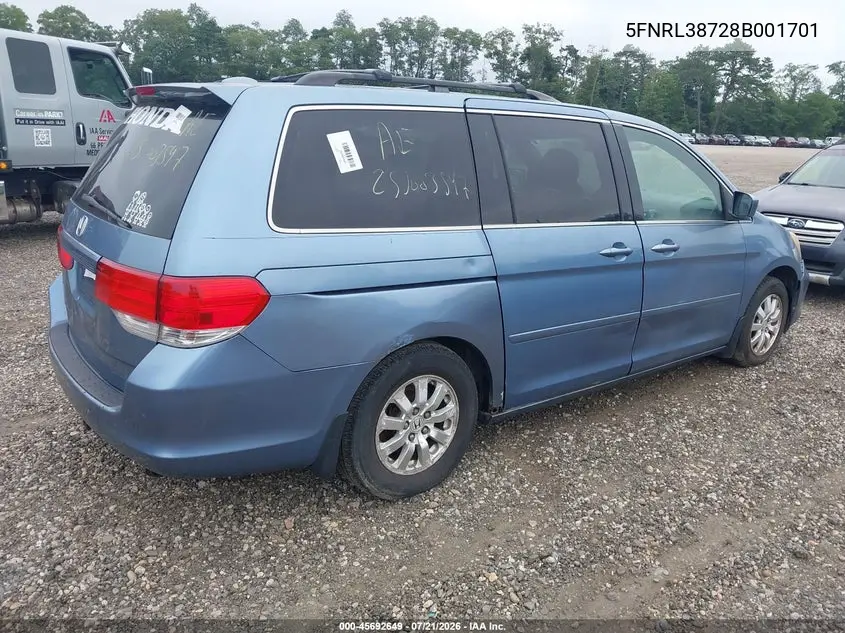 2008 Honda Odyssey Ex-L VIN: 5FNRL38728B001701 Lot: 45692649