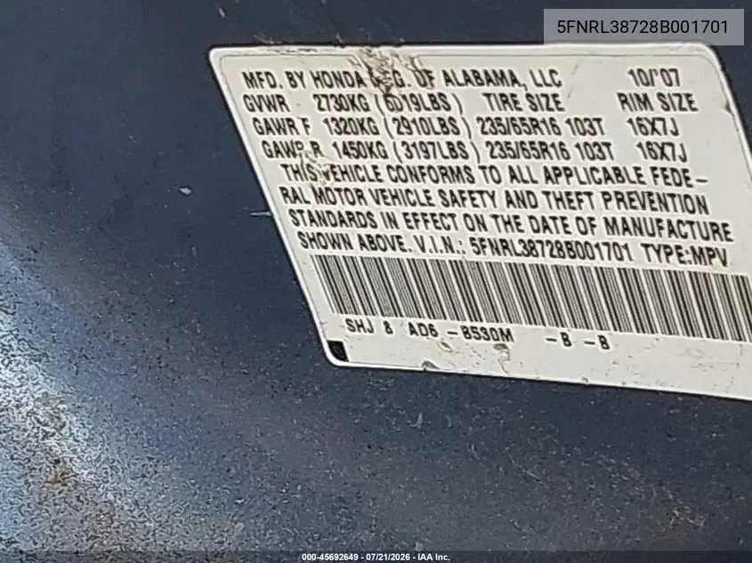 2008 Honda Odyssey Ex-L VIN: 5FNRL38728B001701 Lot: 45692649