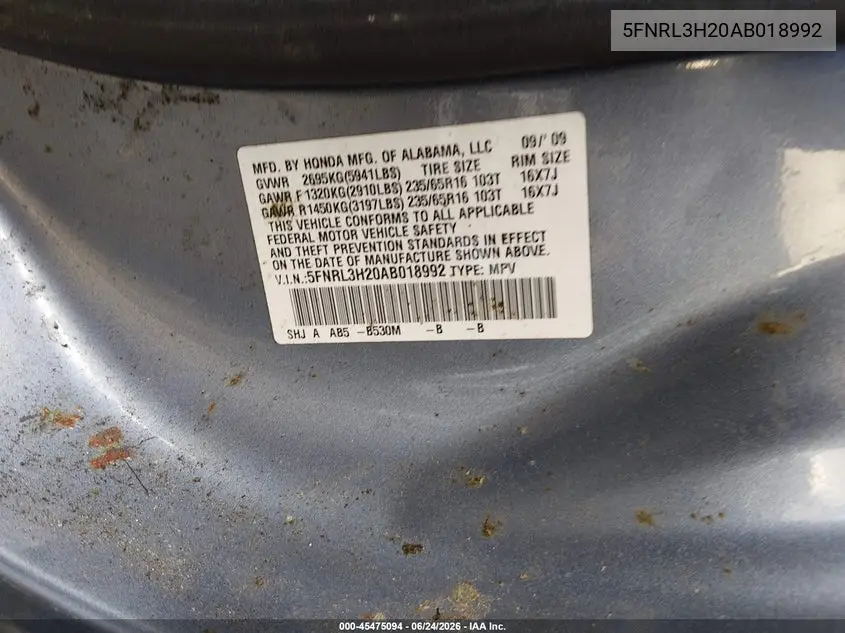 2010 Honda Odyssey Lx VIN: 5FNRL3H20AB018992 Lot: 45475094