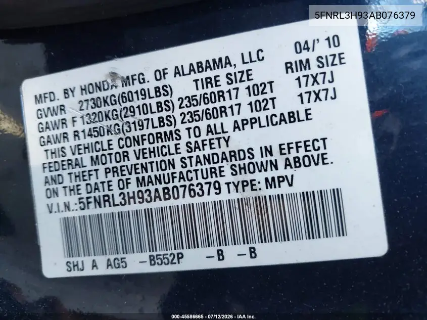 2010 Honda Odyssey Touring VIN: 5FNRL3H93AB076379 Lot: 45586665