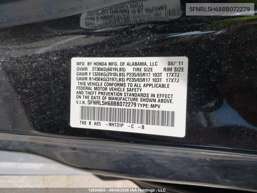 2011 Honda Odyssey VIN: 5FNRL5H68BB072279 Lot: 12624882