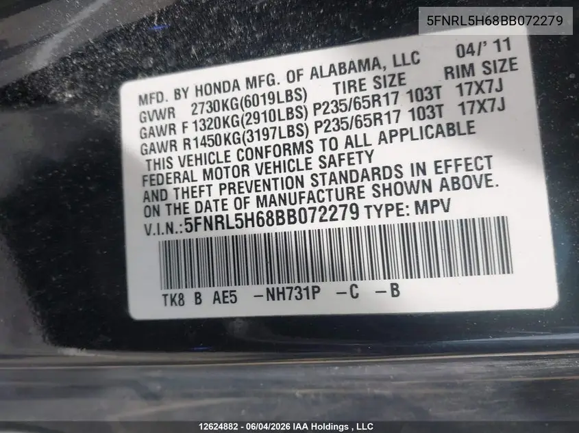 2011 Honda Odyssey VIN: 5FNRL5H68BB072279 Lot: 12624882