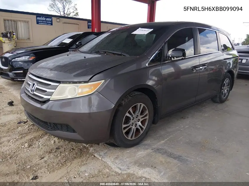 2011 Honda Odyssey Ex-L VIN: 5FNRL5H6XBB099094 Lot: 45565649
