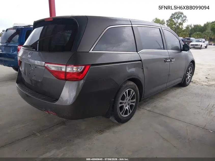 2011 Honda Odyssey Ex-L VIN: 5FNRL5H6XBB099094 Lot: 45565649