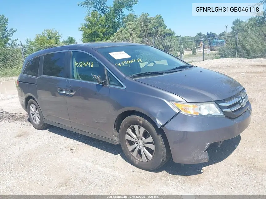 2016 Honda Odyssey Se VIN: 5FNRL5H31GB046118 Lot: 45584048