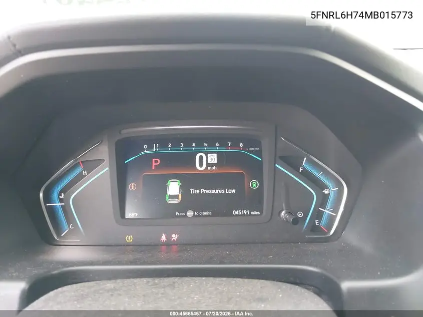 2021 Honda Odyssey Ex-L VIN: 5FNRL6H74MB015773 Lot: 45665467