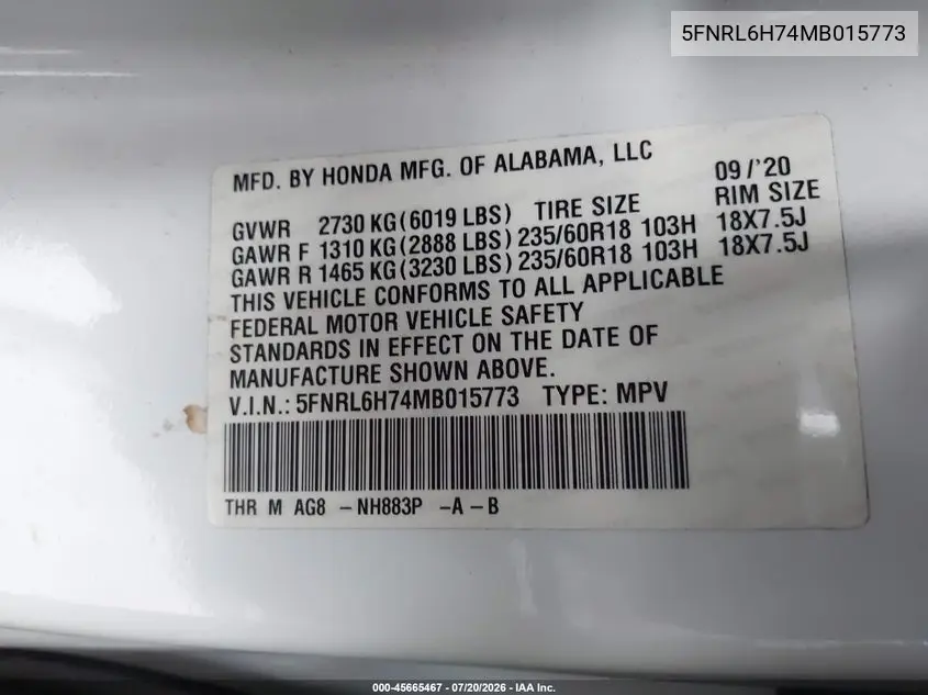 2021 Honda Odyssey Ex-L VIN: 5FNRL6H74MB015773 Lot: 45665467