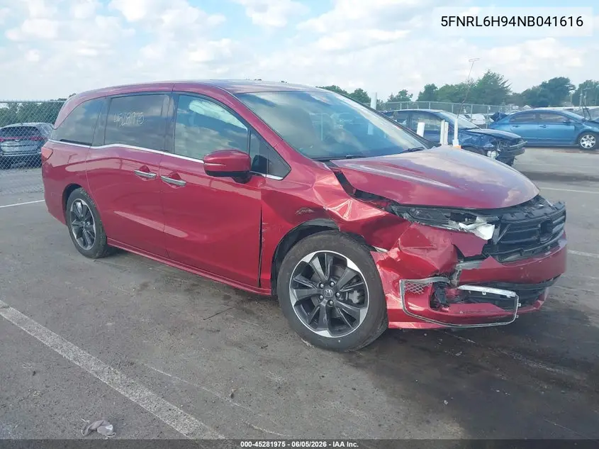 2022 Honda Odyssey Elite VIN: 5FNRL6H94NB041616 Lot: 45281975