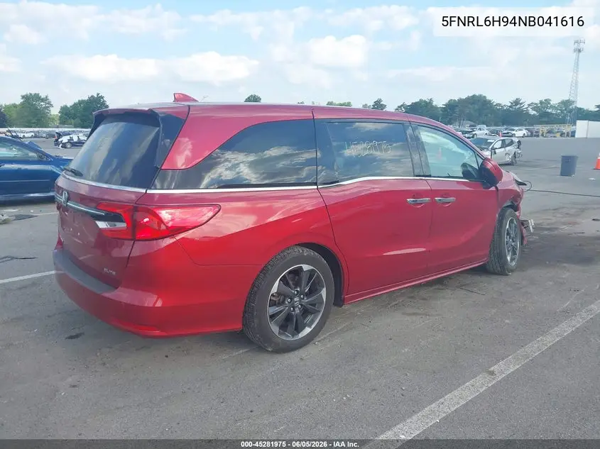 2022 Honda Odyssey Elite VIN: 5FNRL6H94NB041616 Lot: 45281975