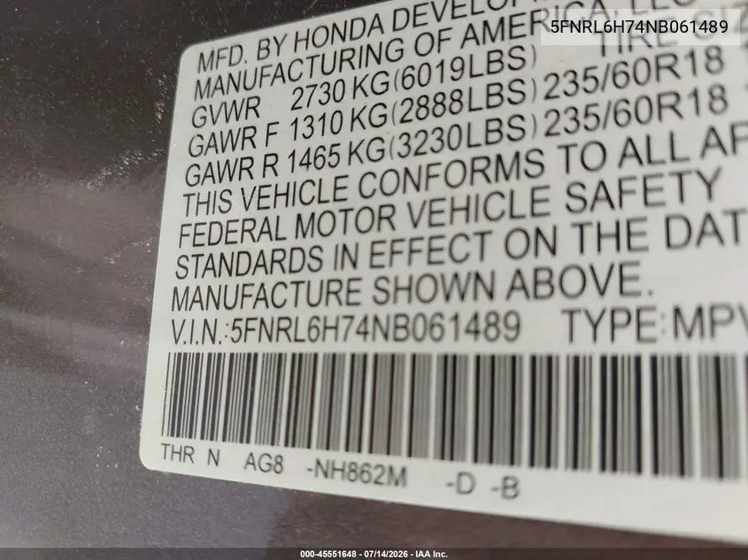 2022 Honda Odyssey Ex-L VIN: 5FNRL6H74NB061489 Lot: 45551648