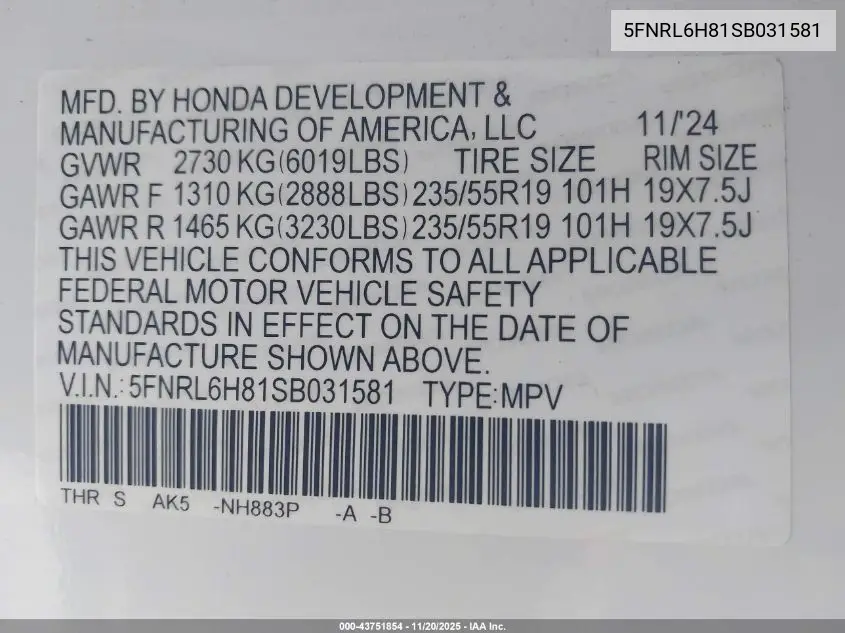 5FNRL6H81SB031581 2025 Honda Odyssey Touring