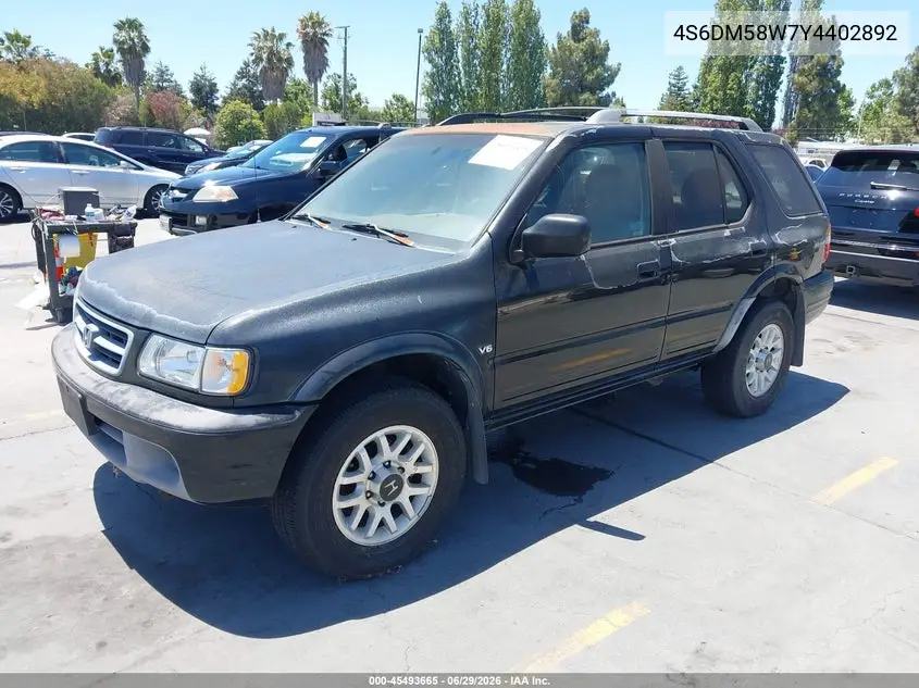 2000 Honda Passport Ex/Lx VIN: 4S6DM58W7Y4402892 Lot: 45493665