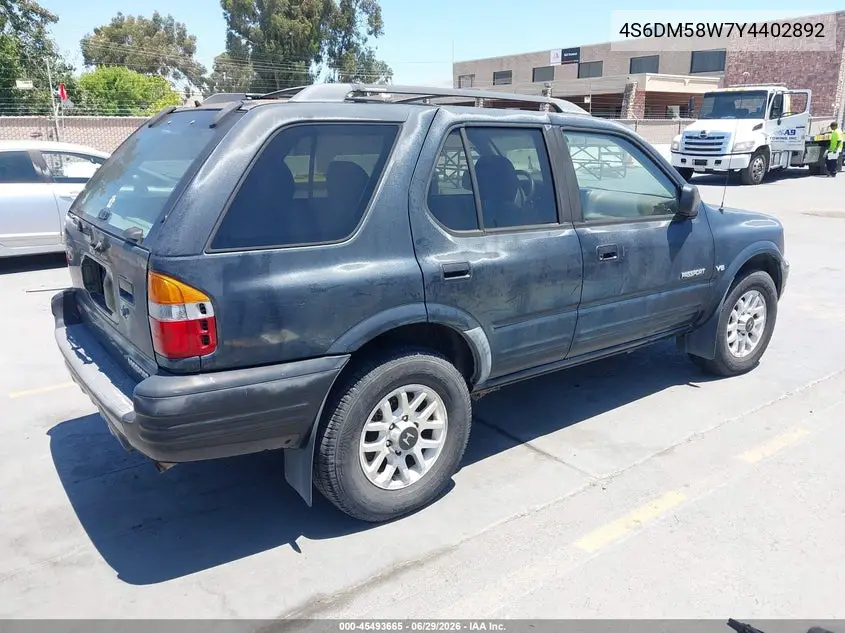 2000 Honda Passport Ex/Lx VIN: 4S6DM58W7Y4402892 Lot: 45493665