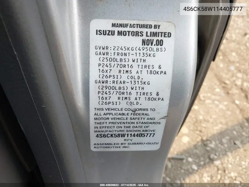 2001 Honda Passport Ex/Lx VIN: 4S6CK58W114405777 Lot: 45606652