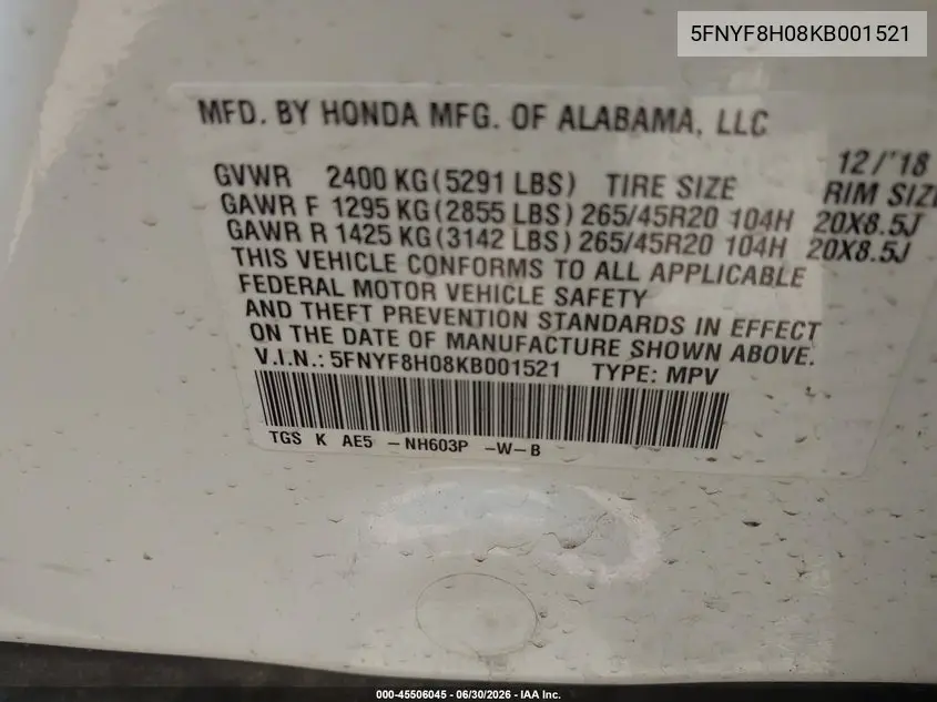 2019 Honda Passport Elite VIN: 5FNYF8H08KB001521 Lot: 45506045