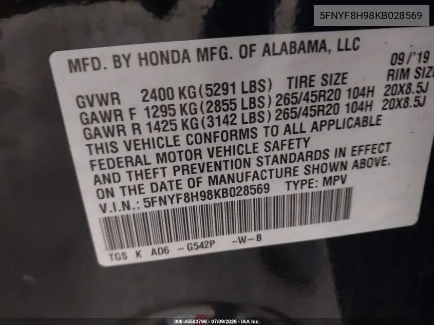 2019 Honda Passport Touring VIN: 5FNYF8H98KB028569 Lot: 45583798