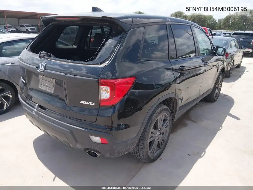 2021 Honda Passport Awd Ex-L VIN: 5FNYF8H54MB006195 Lot: 45138345
