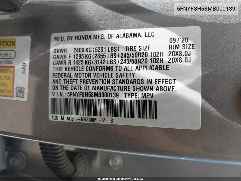 2021 Honda Passport Awd Ex-L VIN: 5FNYF8H58MB000139 Lot: 45308300
