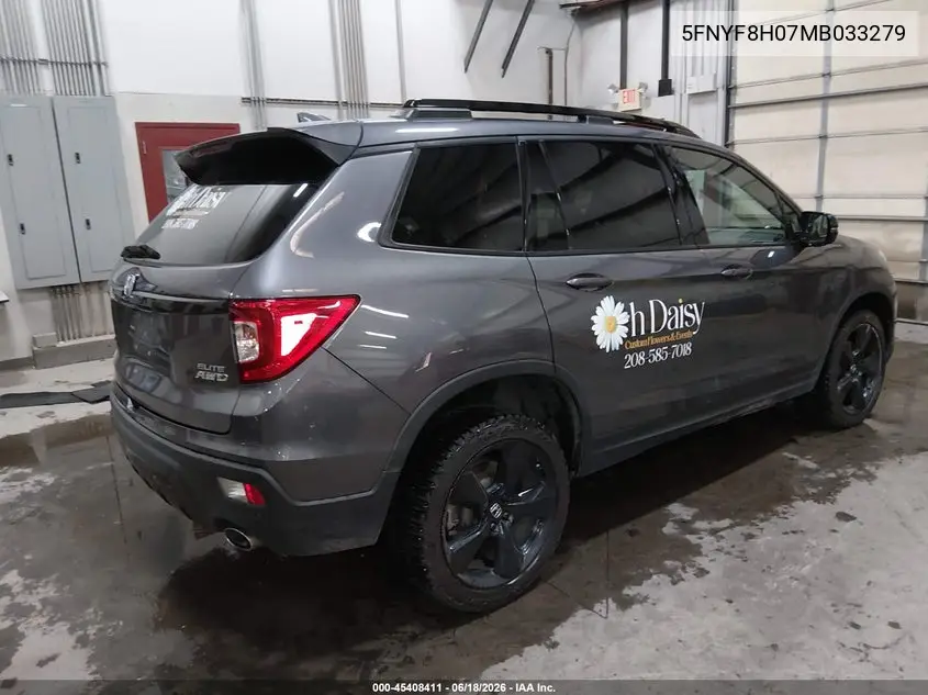 2021 Honda Passport Awd Elite VIN: 5FNYF8H07MB033279 Lot: 45408411