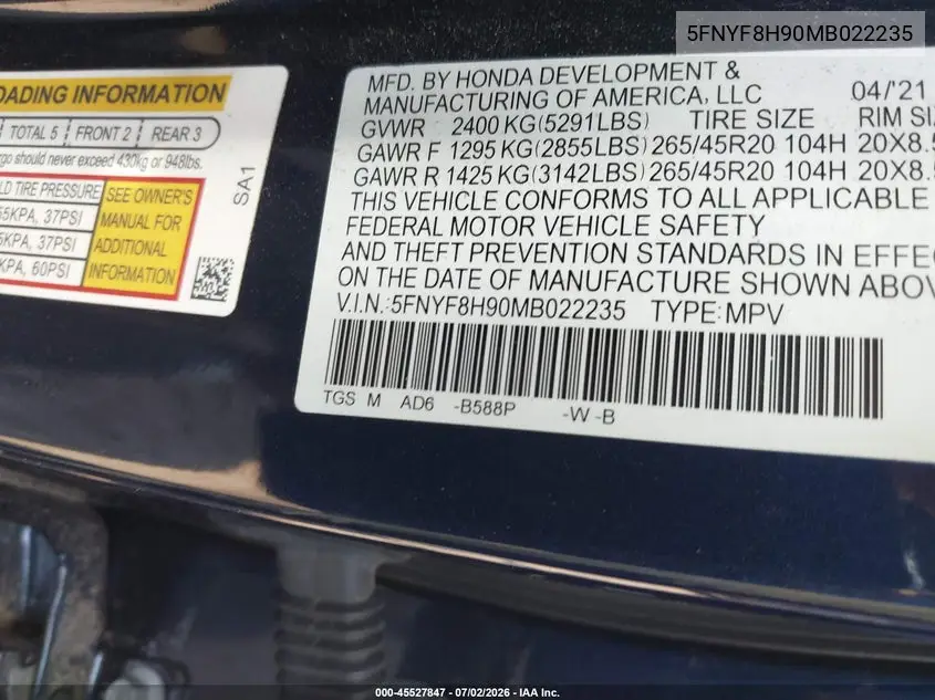 2021 Honda Passport Awd Touring VIN: 5FNYF8H90MB022235 Lot: 45527847