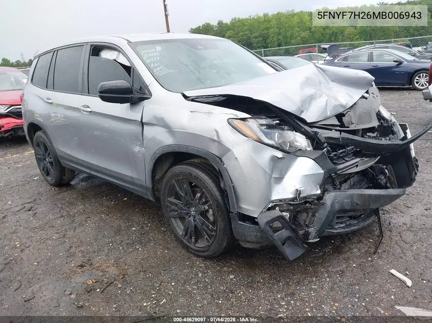 2021 Honda Passport 2Wd Sport VIN: 5FNYF7H26MB006943 Lot: 45629097