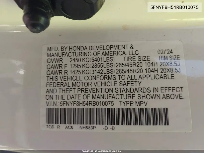 2024 Honda Passport Awd Ex-L VIN: 5FNYF8H54RB010075 Lot: 45389193