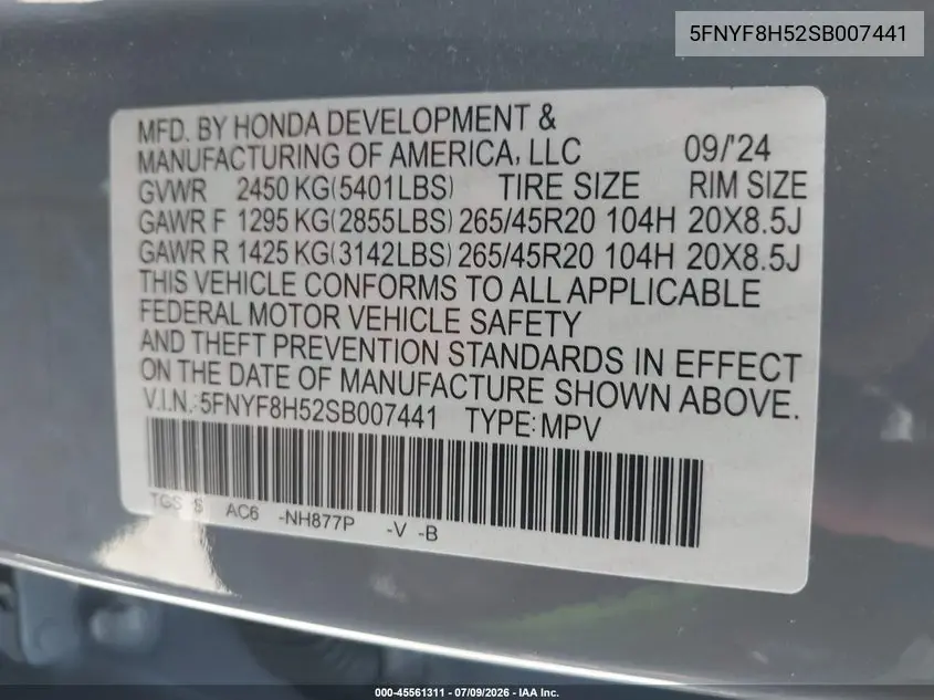 2025 Honda Passport Awd Ex-L VIN: 5FNYF8H52SB007441 Lot: 45561311