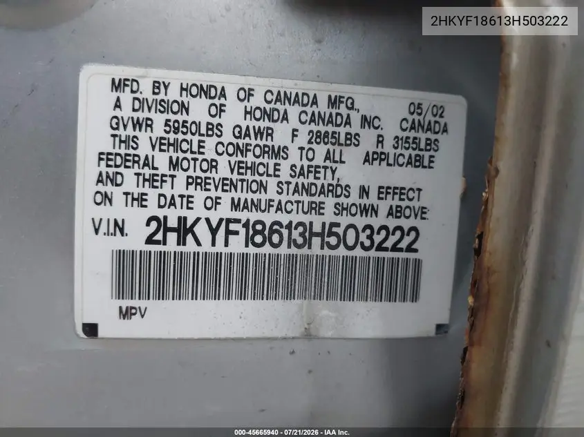 2003 Honda Pilot Ex-L VIN: 2HKYF18613H503222 Lot: 45665940