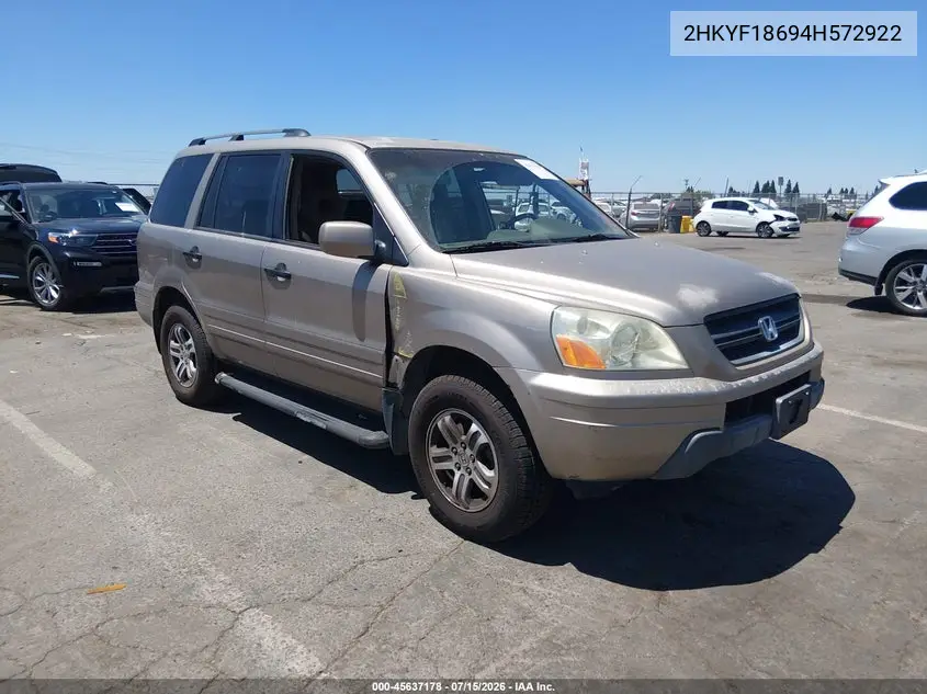 2004 Honda Pilot Ex-L VIN: 2HKYF18694H572922 Lot: 45637178