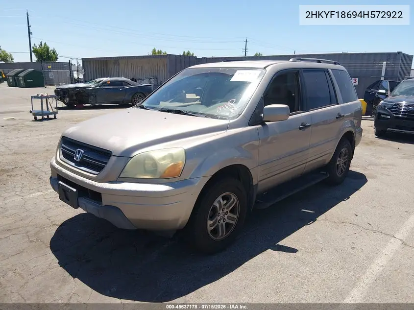 2004 Honda Pilot Ex-L VIN: 2HKYF18694H572922 Lot: 45637178
