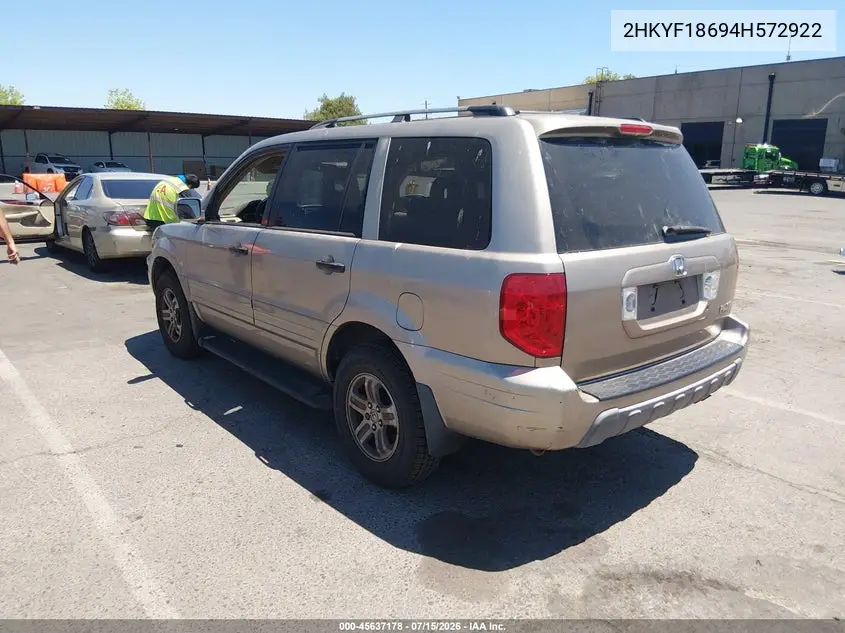 2004 Honda Pilot Ex-L VIN: 2HKYF18694H572922 Lot: 45637178