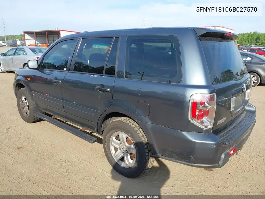2006 Honda Pilot Lx VIN: 5FNYF18106B027570 Lot: 45314934