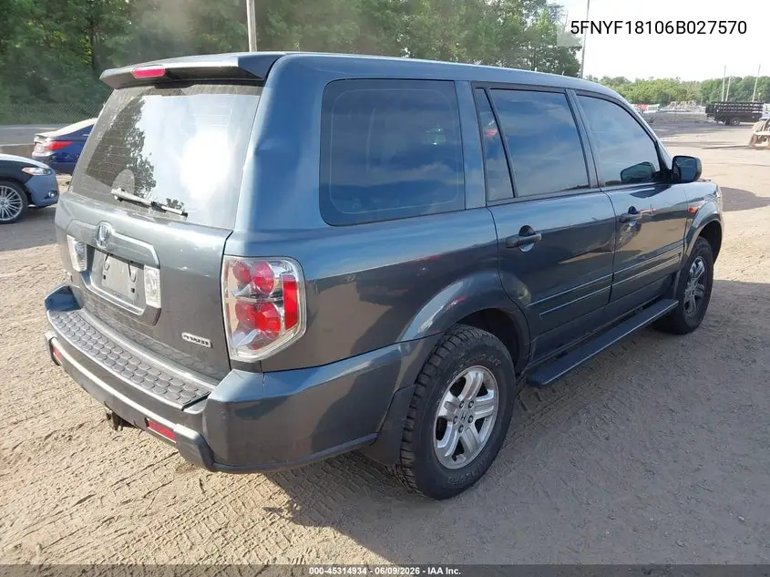 2006 Honda Pilot Lx VIN: 5FNYF18106B027570 Lot: 45314934