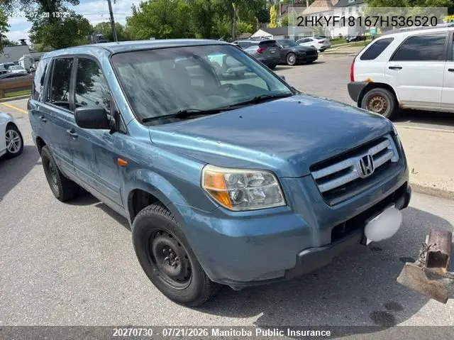 2007 Honda Pilot Lx VIN: 2HKYF18167H536520 Lot: 20270730