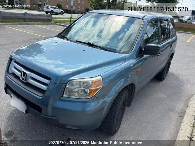 2007 Honda Pilot Lx VIN: 2HKYF18167H536520 Lot: 20270730