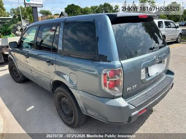 2007 Honda Pilot Lx VIN: 2HKYF18167H536520 Lot: 20270730