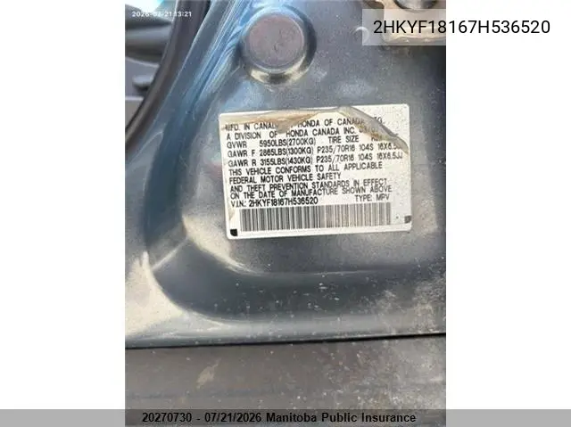 2007 Honda Pilot Lx VIN: 2HKYF18167H536520 Lot: 20270730