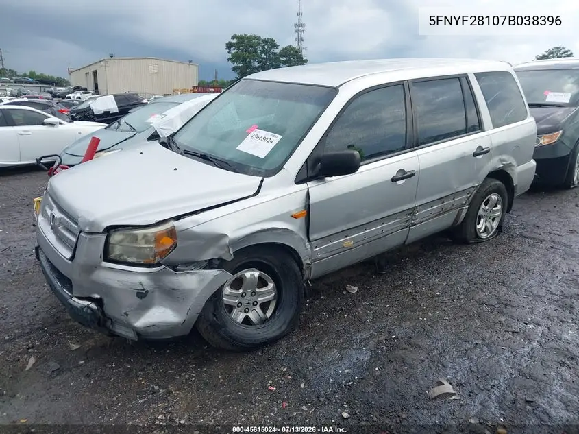 2007 Honda Pilot Lx VIN: 5FNYF28107B038396 Lot: 45615024