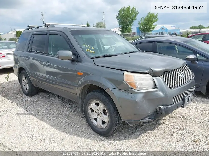 2008 Honda Pilot Lx VIN: 5FNYF18138B501952 Lot: 20268763