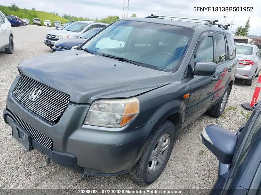 2008 Honda Pilot Lx VIN: 5FNYF18138B501952 Lot: 20268763